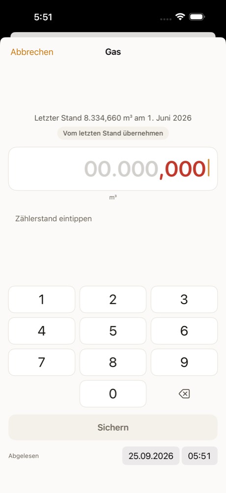 Eine Ablesung eintragen: großes Zahlenfeld mit Ziffernblock, das Datum steht auf heute.