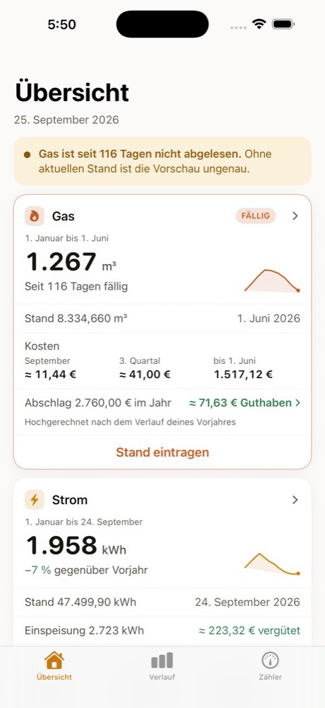 Die Übersicht von Zählora: vier Zähler mit Verbrauch seit Jahresbeginn, Vorjahresvergleich und Kosten.